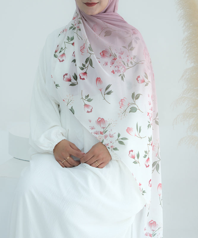 Pink Ombre Floral scarf rectangular hijab in chiffon premium quality
