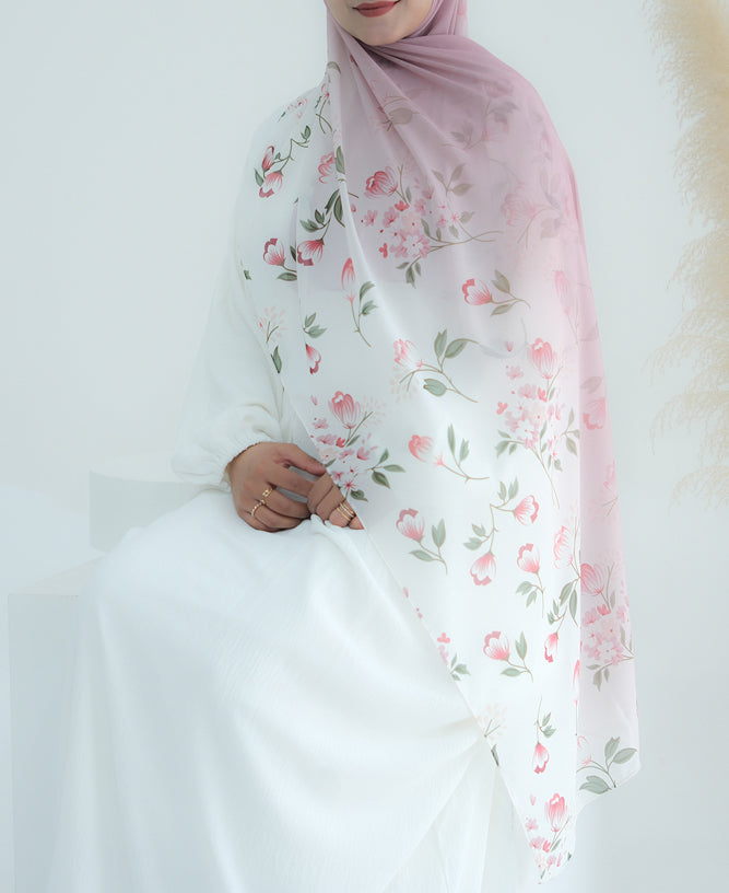 Pink Ombre Floral scarf rectangular hijab in chiffon premium quality