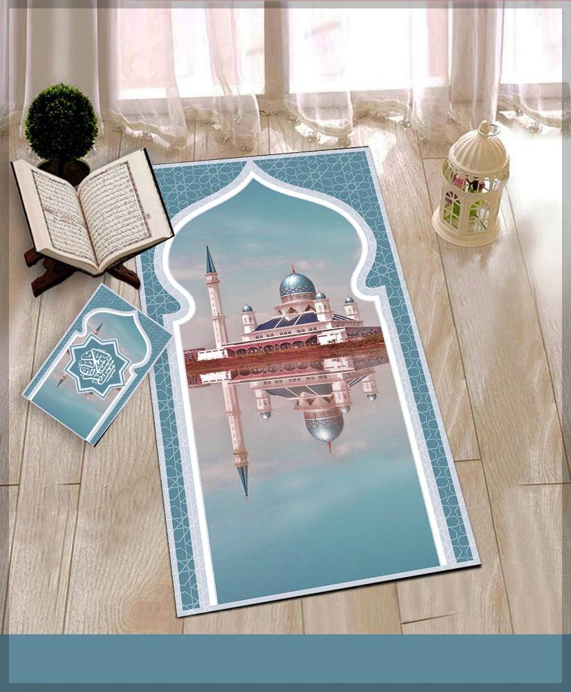 Camii Blue Prayer Rug Muslim Mat Islamic Sajadah for Kids Men Women with Quran Box for Eid Travel Ramadan Soft Luxury Pin - CELA HIJAB