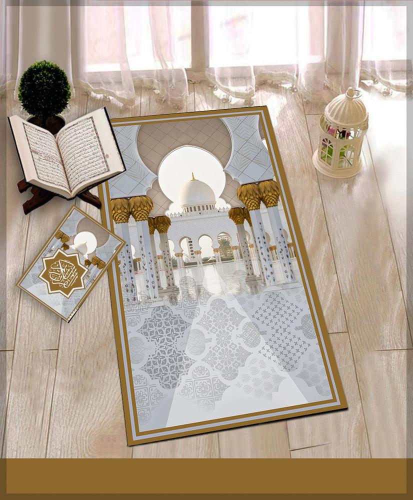 SZM Golden Prayer Rug Muslim Mat Islamic Sajadah for Kids Men Women with Quran Box for Eid Travel Ramadan Soft Luxury Pin - CELA HIJAB