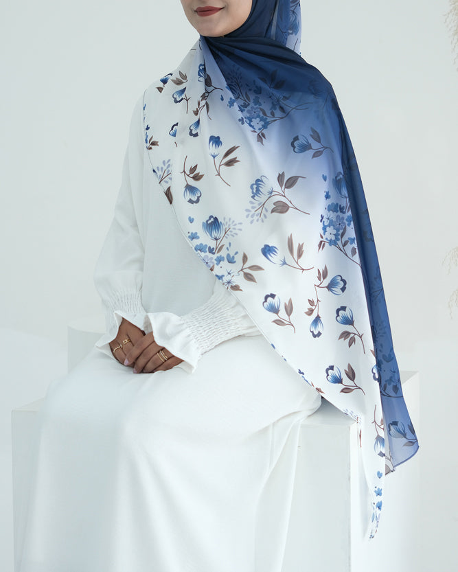 Blue Ombre Floral scarf rectangular hijab in chiffon premium quality