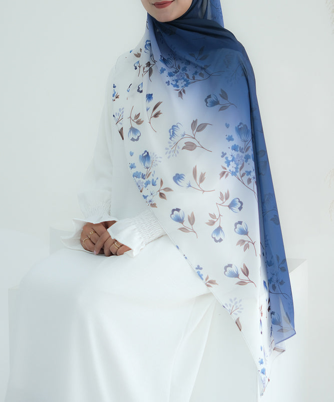 Blue Ombre Floral scarf rectangular hijab in chiffon premium quality