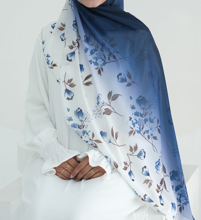 Blue Ombre Floral scarf rectangular hijab in chiffon premium quality