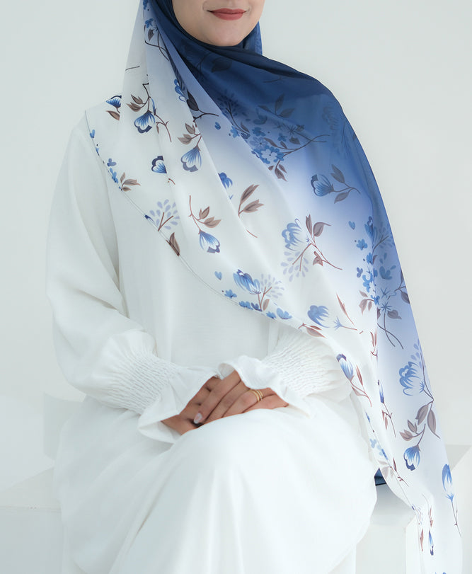 Blue Ombre Floral scarf rectangular hijab in chiffon premium quality