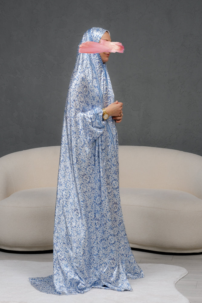 Home prayer gown dress in gzhel print with elasticated cuffs and pouch