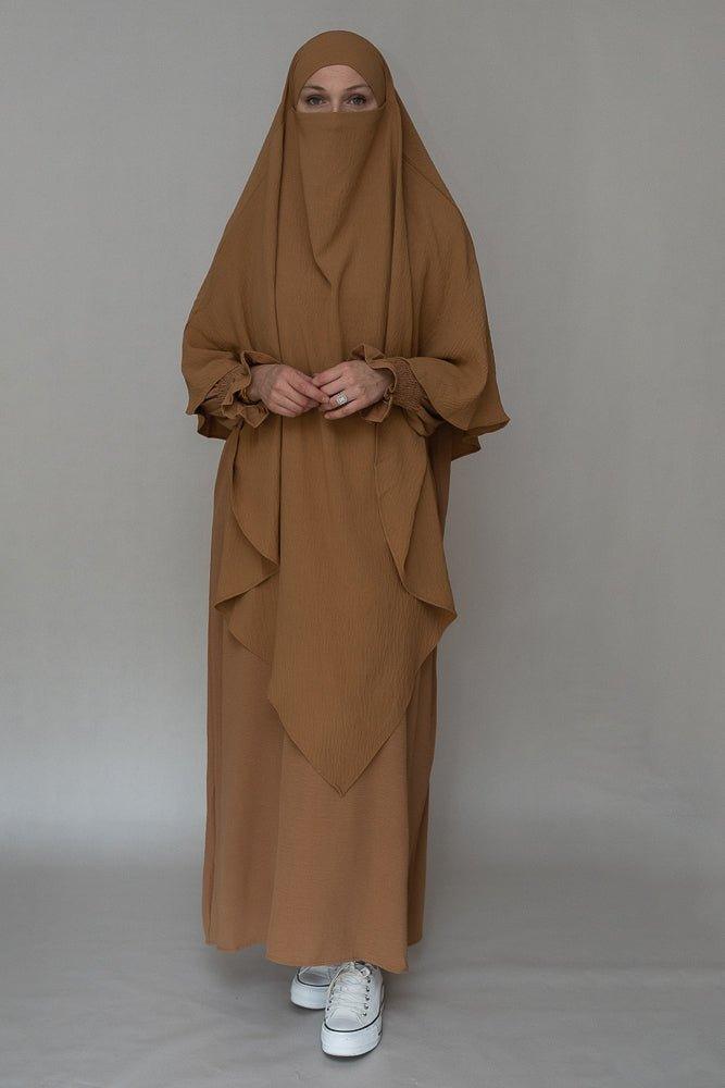 Avalom prayer gown umrah abaya dress non-wrinkling in brown - ANNAH HARIRI