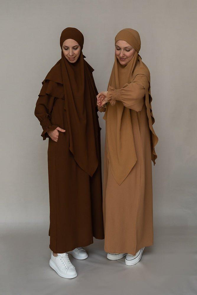 Avalom prayer gown umrah abaya dress non-wrinkling in brown - ANNAH HARIRI