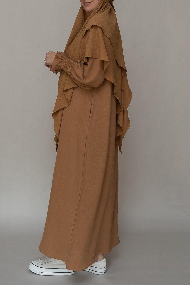 Avalom prayer gown umrah abaya dress non-wrinkling in brown - ANNAH HARIRI