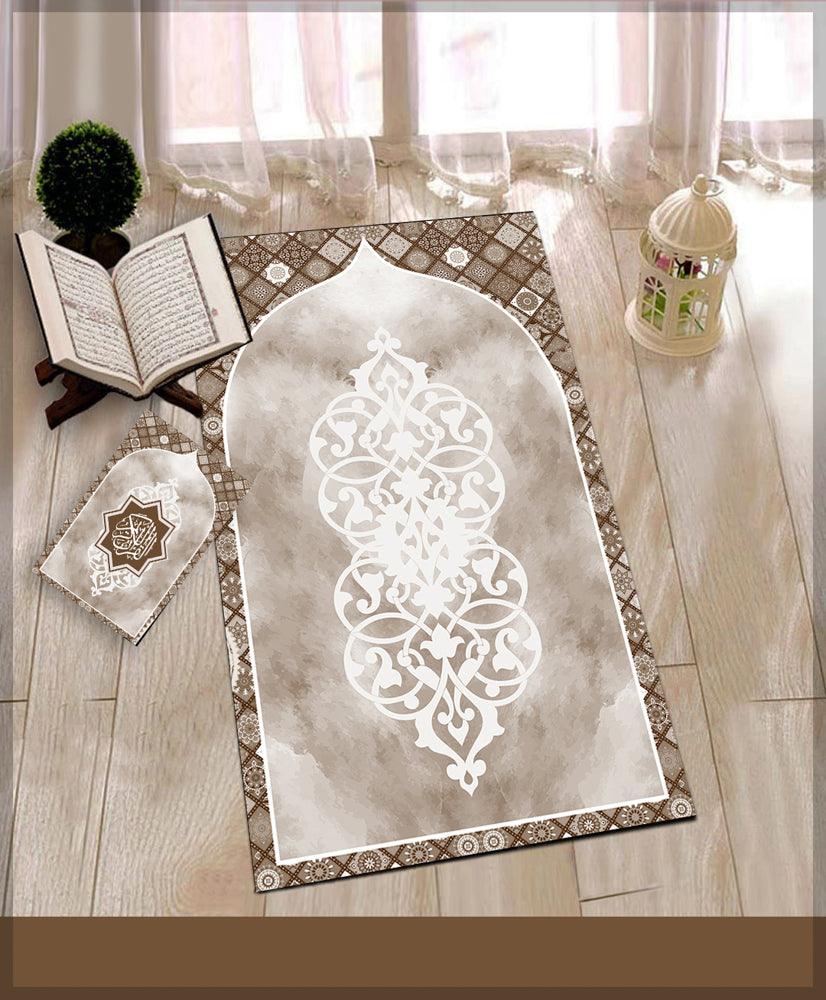 Ayoosh Brown Prayer Rug Muslim Mat Islamic Sajadah for Kids Men Women with Quran Box for Eid Travel Ramadan Soft Luxury Pin - ANNAH HARIRI