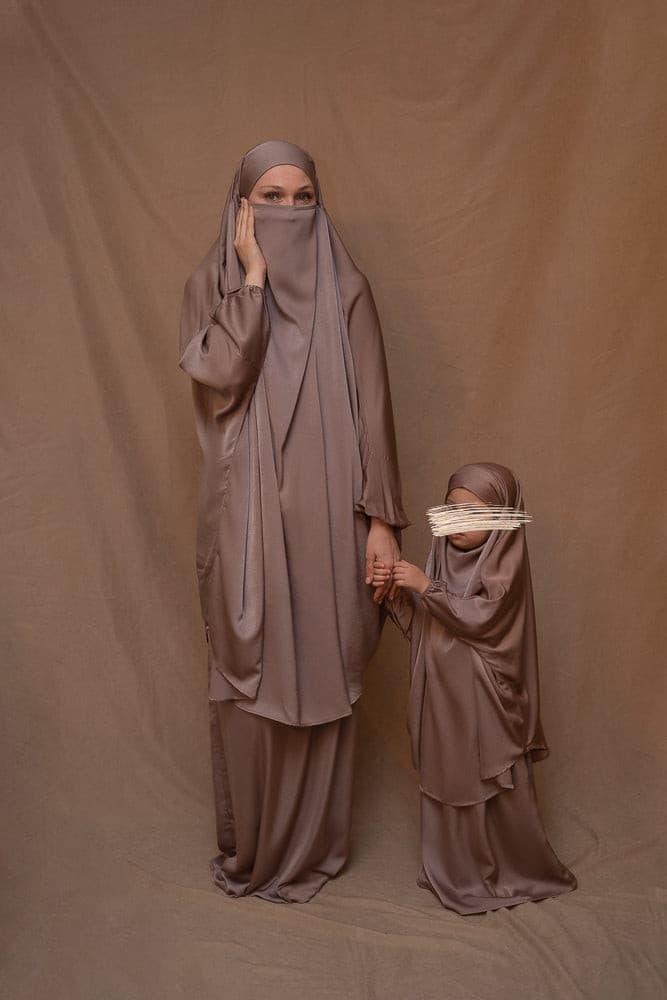 KIDS Coffee prayer gown from "Mommy and Me Prayer Khimar collection - ANNAH HARIRI