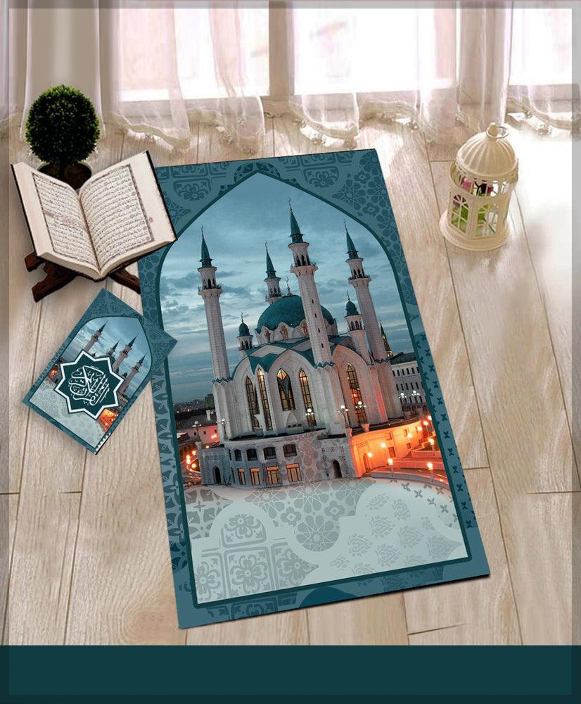 Stans Blue Prayer Rug Muslim Mat Islamic Sajadah for Kids Men Women with Quran Box for Eid Travel Ramadan Soft Luxury Pin - ANNAH HARIRI