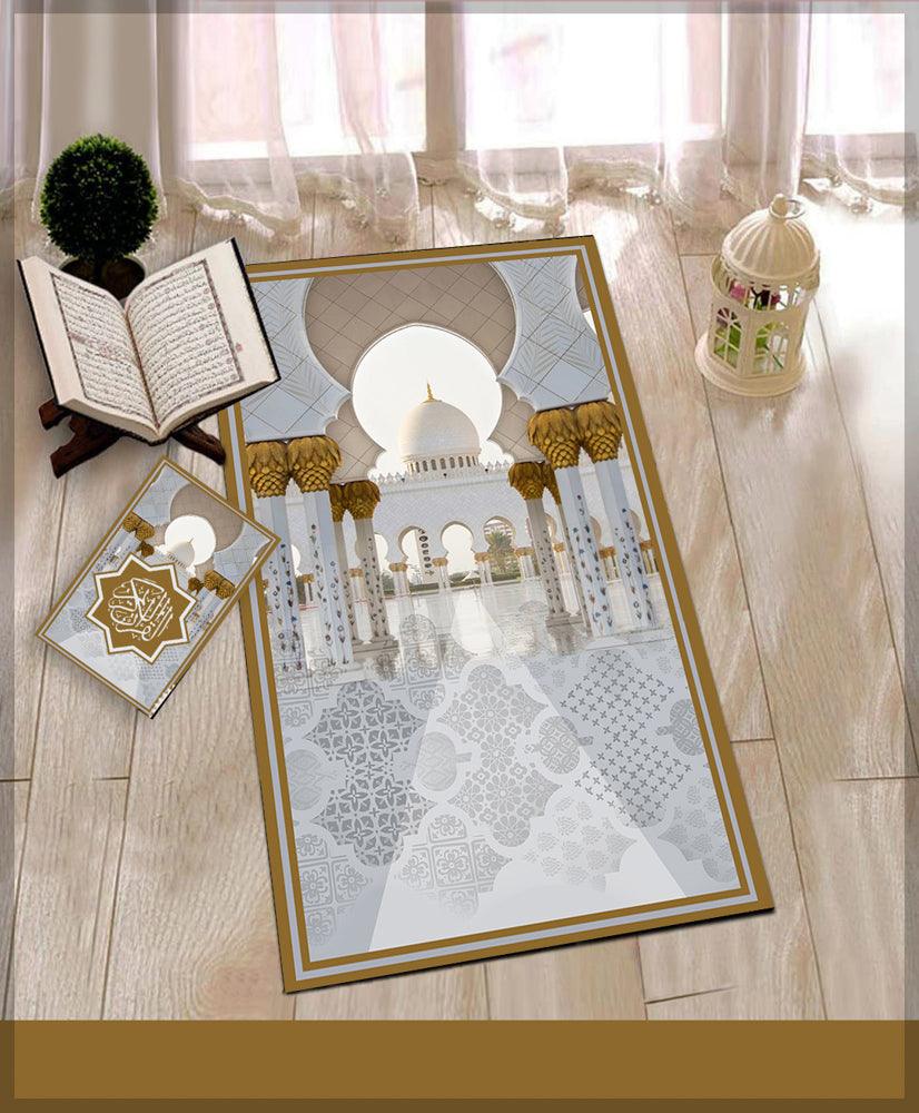 SZM Golden Prayer Rug Muslim Mat Islamic Sajadah for Kids Men Women with Quran Box for Eid Travel Ramadan Soft Luxury Pin - ANNAH HARIRI