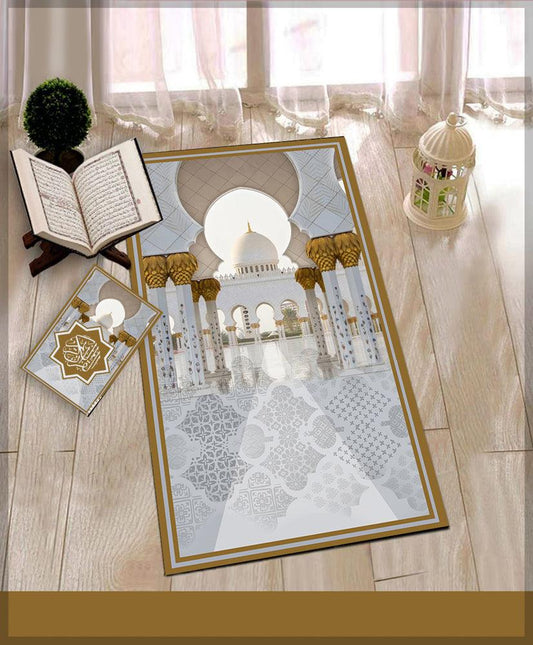 SZM Golden Prayer Rug Muslim Mat Islamic Sajadah for Kids Men Women with Quran Box for Eid Travel Ramadan Soft Luxury Pin - ANNAH HARIRI